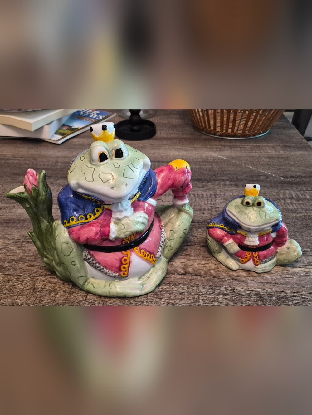 Ceramic Frog Prince Tea Pot And Sugar Bowl in Green, Pink & Blue